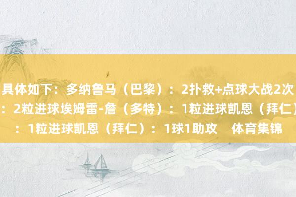 具体如下：多纳鲁马（巴黎）：2扑救+点球大战2次扑点阿森西奥（维拉）：2粒进球埃姆雷-詹（多特）：1粒进球凯恩（拜仁）：1球1助攻    体育集锦