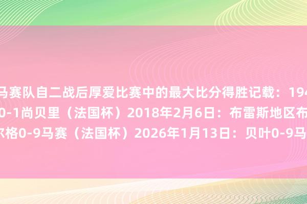 马赛队自二战后厚爱比赛中的最大比分得胜记载:1948年12月12日:马赛10-1尚贝里(法国杯)2018年2月6日:布雷斯地区布尔格0-9马赛(法国杯)2026年1月13日:贝叶0-9马赛(法国杯) 体育赛事直播